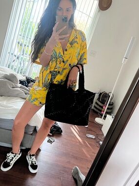 Yellow Shorts Set - Elastic Shorts Button Down Safari Print Womens Outfit NWOT